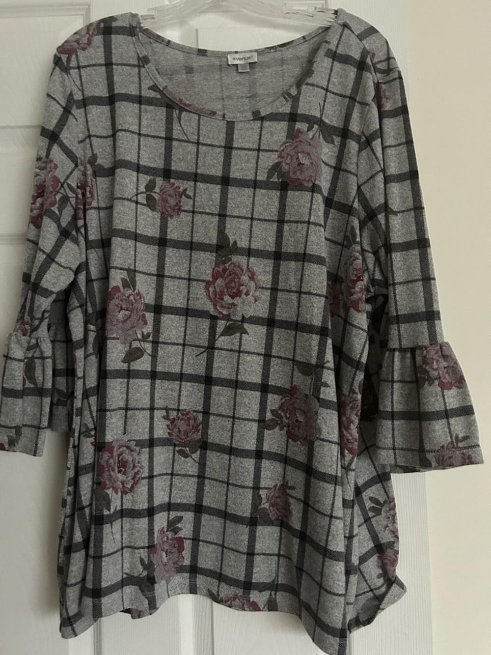 Avenue Gray Plaid Tunic with Dusty Pink Floral Ruffles